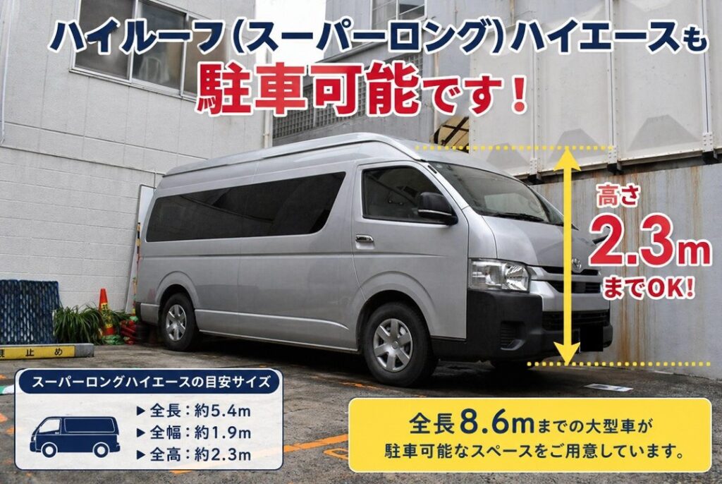 ハイルーフ　スーパーロング　ハイエース　団体　大型　駐車